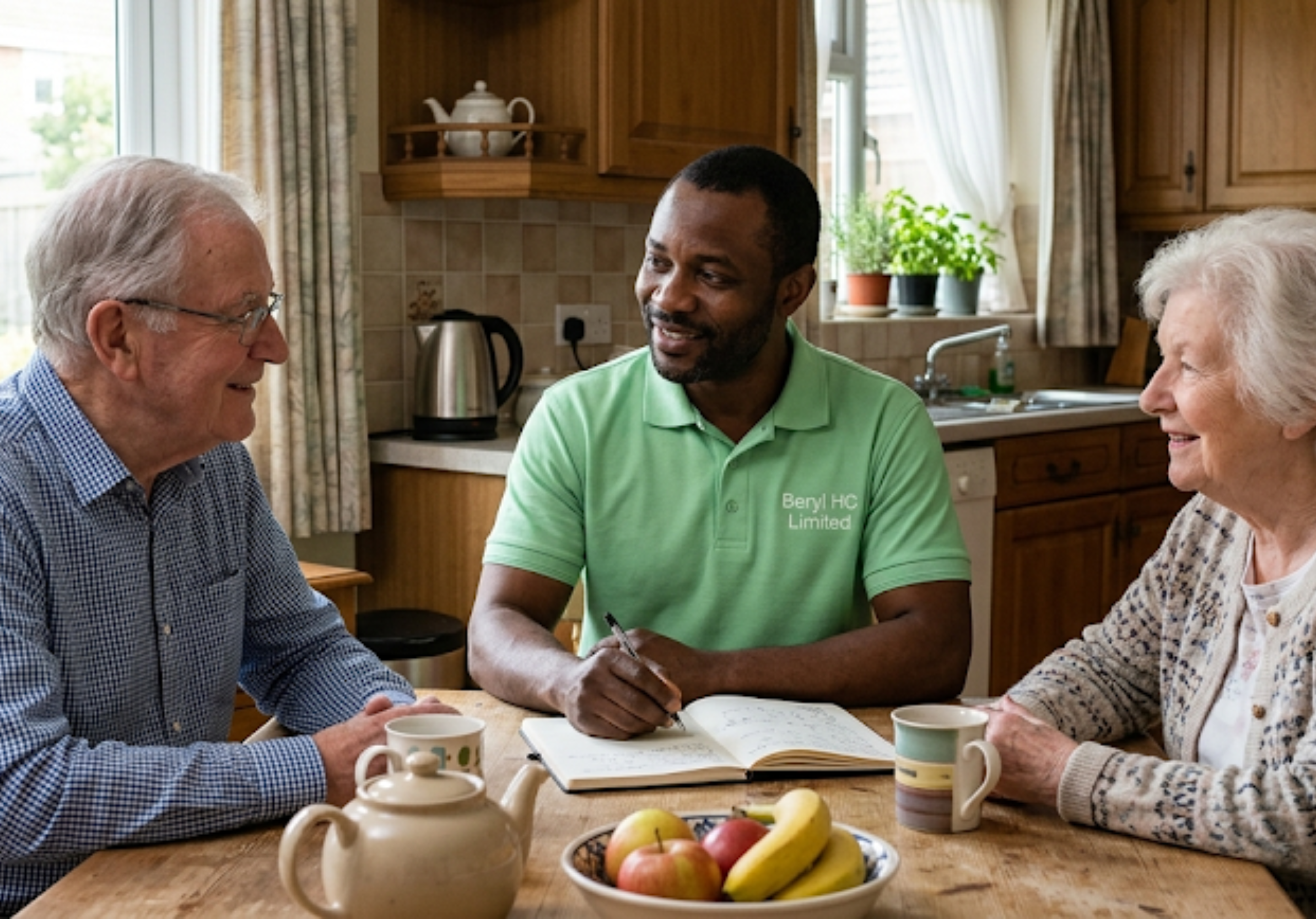 A Beryl HC Limited carer in a light green uniform sitting in calm, attentive presence beside an elderly man resting in a softly lit home living room